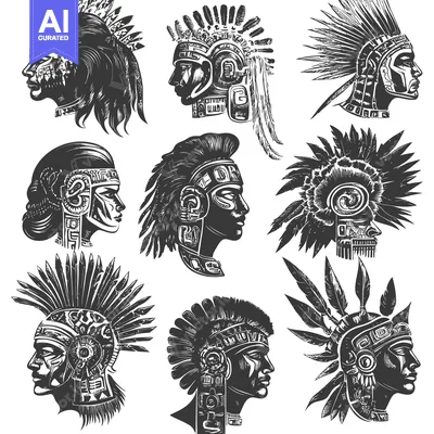 Aset premium populer: Collection of Black and White Illustrations of Native American Heads w