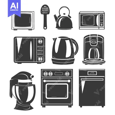 Aset desain premium: Collection of Black and White Kitchen Appliance Icons