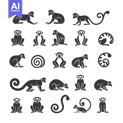 Aset desain premium: Collection of Black and White Lemur Silhouettes in Various Poses