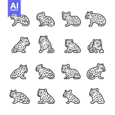 Aset premium populer: Collection of Black and White Leopard Cub Illustrations in Different P