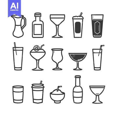 Aset premium populer: Collection of Black and White Line Drawings of Various Beverages and D
