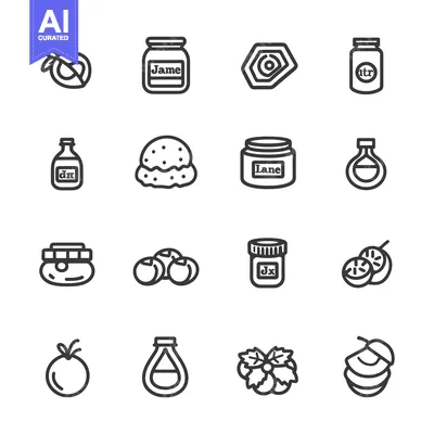 Aset desain premium: Collection of Black and White Line Drawings of Various Jars and Fruits