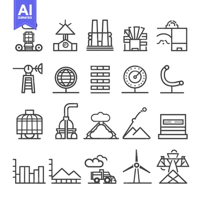 Aset desain premium: Collection of Black and White Line Icons Depicting Various Objects and