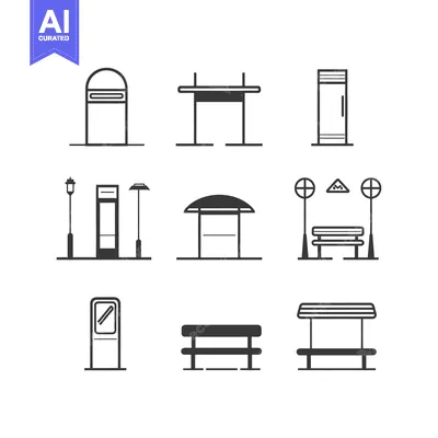 Aset desain premium: Collection of Black and White Line Icons of Bus Stop Elements
