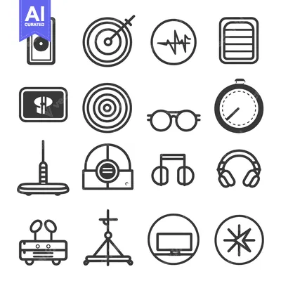 Aset desain premium: Collection of Black and White Line Icons Related to Audio and Visual T