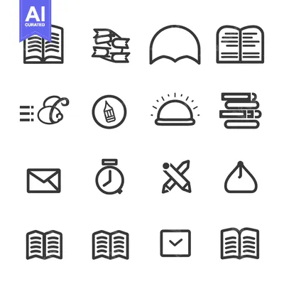 Aset desain premium: Collection of Black and White Line Icons Related to Books and Reading