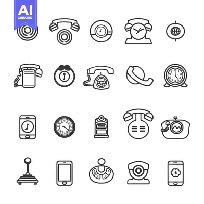Premium design asset: Collection of Black and White Line Icons Related to Telephones, Clocks