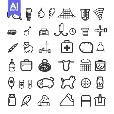 Aset desain premium: Collection of Black and White Line Icons Related to Veterinary Medicin