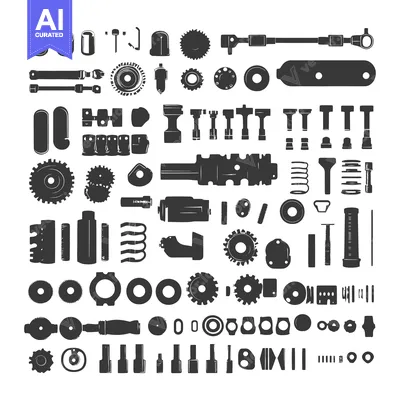 Aset desain premium: Collection of Black and White Machine Parts Silhouettes