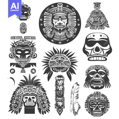 Aset desain premium: Collection of Black and White Mayan Masks and Symbols