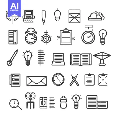 Aset premium populer: Collection of Black and White Outline Icons on a White Background