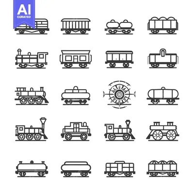 Collection of Black and White Outline Train Car Illustrations