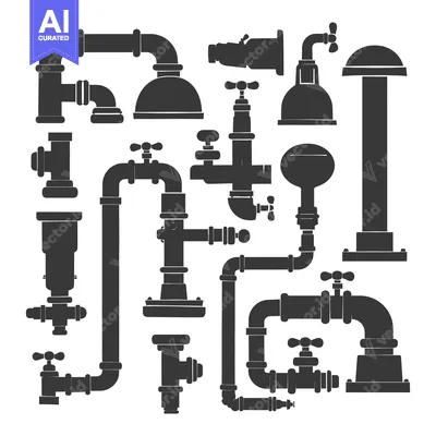 Aset premium populer: Collection of Black and White Plumbing Pipe and Faucet Silhouettes