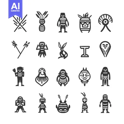 Aset premium populer: Collection of Black and White Primitive Tribal Human and Animal Icons