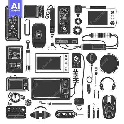 Aset premium populer: Collection of Black and White Retro Technology Devices