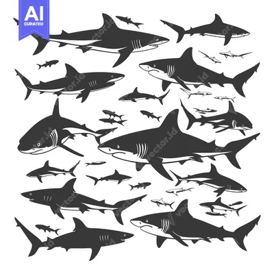 Aset desain premium: Collection of Black and White Shark Silhouettes