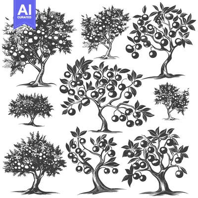 Aset desain premium: Collection of Black and White Silhouette Fruit Trees