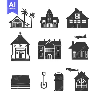 Premium design asset: Collection of Black and White Silhouette Houses and Icons