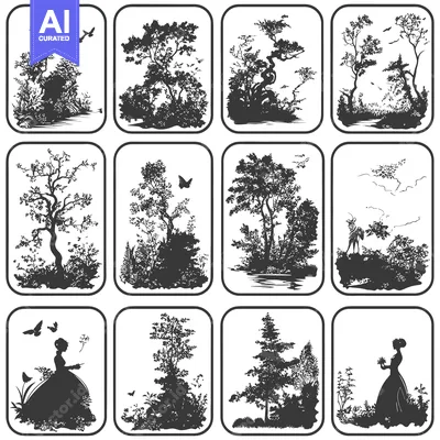 Aset desain premium: Collection of Black and White Silhouette Images of Trees and Women in