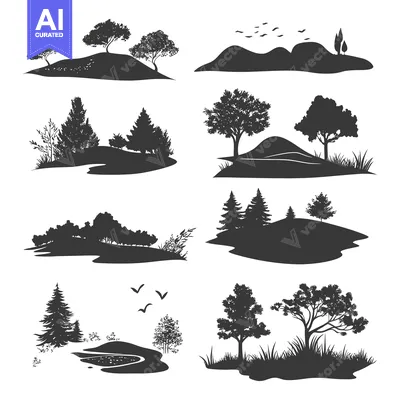 Popular premium asset: Collection of Black and White Silhouettes Depicting Various Landscapes