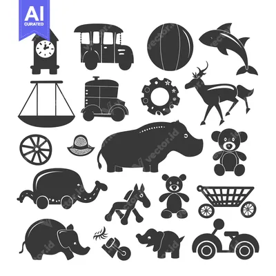 Aset premium populer: Collection of Black and White Silhouettes of Children's Toys