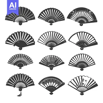 Aset desain premium: Collection of Black and White Silhouettes of Folding Fans