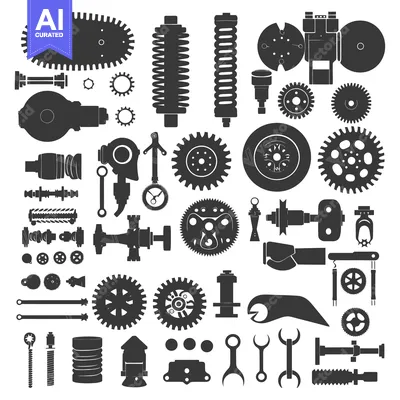 Aset desain premium: Collection of Black and White Silhouettes of Mechanical Parts