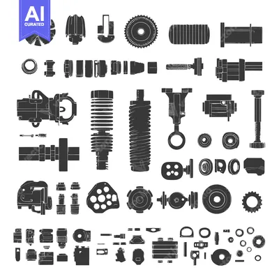 Aset desain premium: Collection of Black and White Silhouettes of Mechanical Parts
