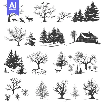 Aset premium populer: Collection of Black and White Silhouettes of Trees, Animals, and a Cab