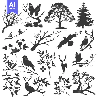 Collection of Black and White Silhouettes of Trees, Birds, and Other W