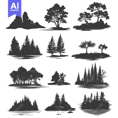 Aset desain premium: Collection of Black and White Silhouettes of Trees, Mountains and Fore