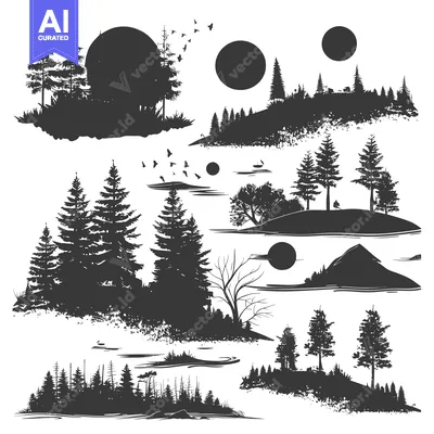 Premium design asset: Collection of Black and White Silhouettes of Trees, Mountains, and the