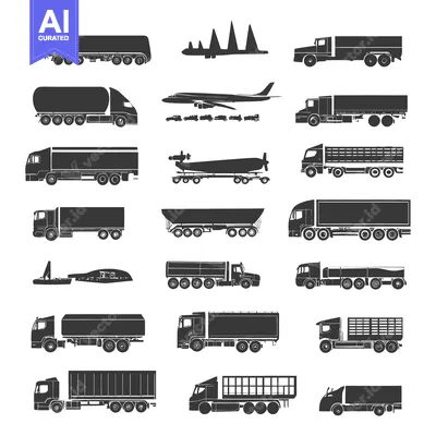 Collection of Black and White Silhouettes of Trucks, Trailers, and Air