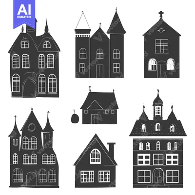 Aset premium populer: Collection of Black and White Silhouettes of Various Buildings