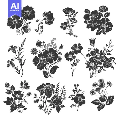 Aset desain premium: Collection of Black and White Silhouettes of Various Flowers