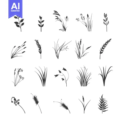 Premium design asset: Collection of Black and White Silhouettes of Various Plants and Grasse