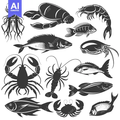 Aset desain premium: Collection of Black and White Silhouettes of Various Seafood