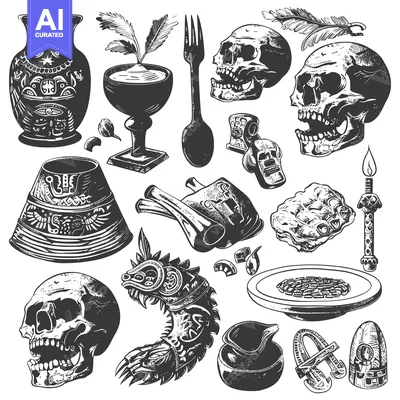 Aset desain premium: Collection of Black and White Skulls, Pottery, and Tribal Items