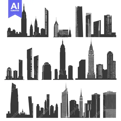Collection of Black and White Skyline Silhouettes of Cityscapes