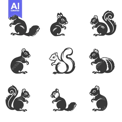 Aset desain premium: Collection of Black and White Squirrel Silhouettes in Various Poses