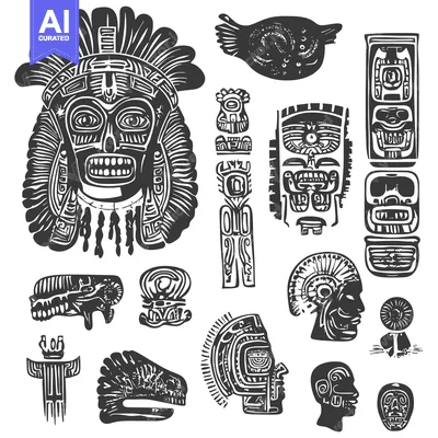 Aset desain premium: Collection of Black and White Stylized Ancient Mayan Faces and Pattern