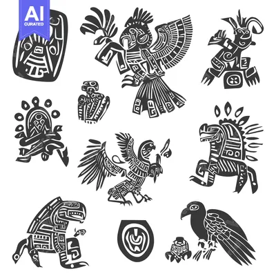 Aset premium populer: Collection of Black and White Stylized Bird and Animal Designs in Azte