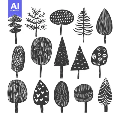 Premium design asset: Collection of Black and White Stylized Trees