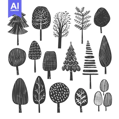 Aset premium populer: Collection of Black and White Stylized Tree Silhouettes