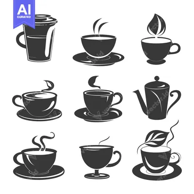 Aset premium populer: Collection of Black and White Teacup Silhouettes with Steam and Leaves