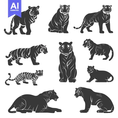 Premium design asset: Collection of Black and White Tiger Silhouettes in Various Poses