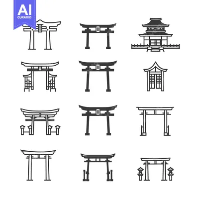 Premium design asset: Collection of Black and White Torii Gates and Japanese Architecture