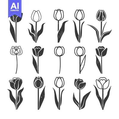 Aset desain premium: Collection of Black and White Tulip Flower Icons