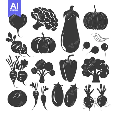 Aset desain premium: Collection of Black and White Vegetable Silhouettes