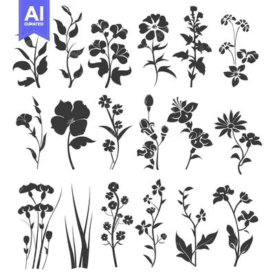 Aset desain premium: Collection of Black Silhouette Flower and Foliage Designs